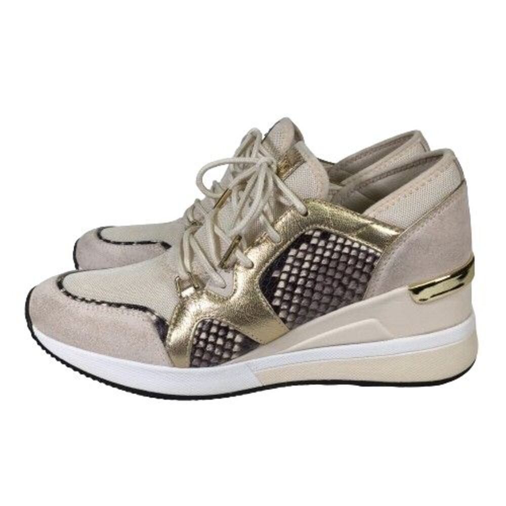 Michael Kors Liv Logo Trainer Extreme Wedge Ivory Brown Gold Womens Shoes Sz 8.5 - Picture 4 of 14